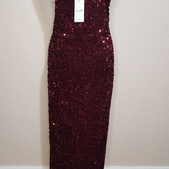 Simplee Deep Red Floor Length Fitted Sequin Dress With Slit Size XL - Picture 5 of 9